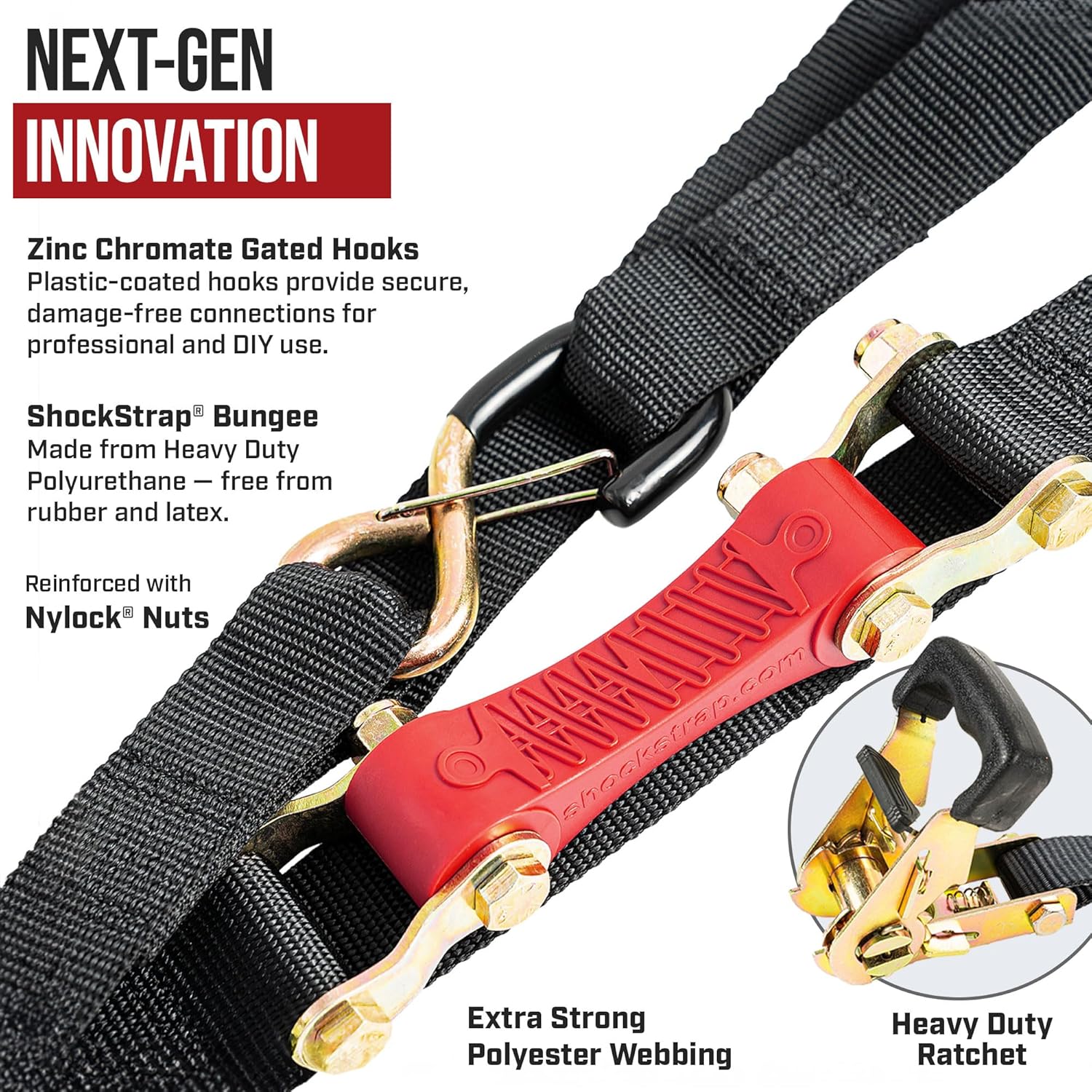 10ft x 1in SHOCKSTRAP® Constant Tension Ratchet Strap, Premium Polyester Webbing, 1,500lb Break Strength, 500lb Working Load Limit - Image 3