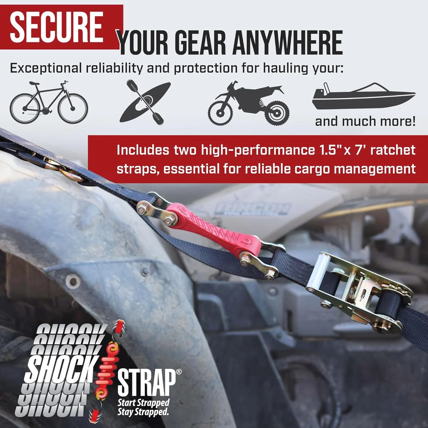 10ft x 1in SHOCKSTRAP® Constant Tension Ratchet Strap, Premium Polyester Webbing, 1,500lb Break Strength, 500lb Working Load Limit - Image 6