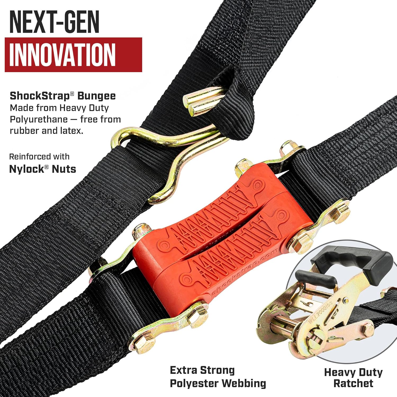 9ft x 2in SHOCKSTRAP® Ratchet Strap with Wire Hooks, Premium Polyester Webbing, 6k Break Strength 2k Working Load Limit - Image 3