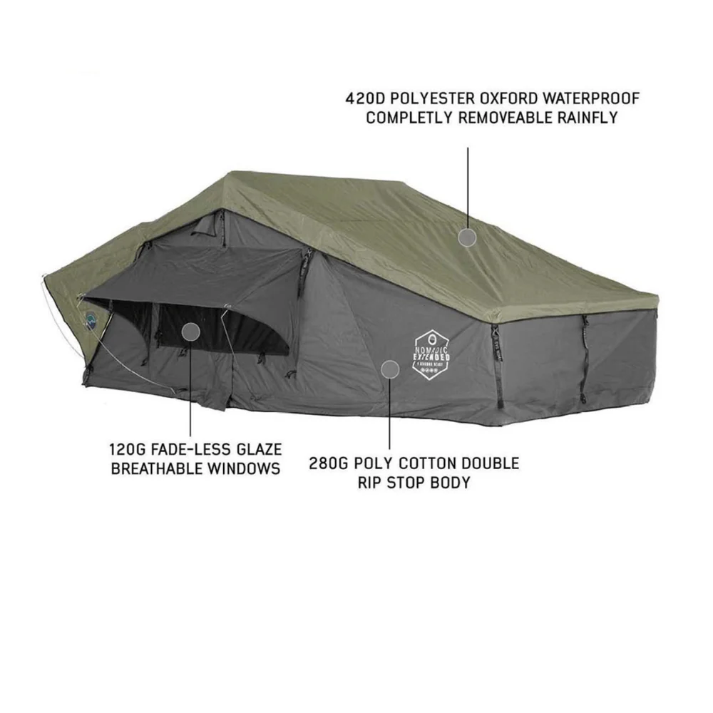 HD Nomadic 2 Extended Soft Shell Roof Top Tent, Grey Body & Green Rainfly - Image 3